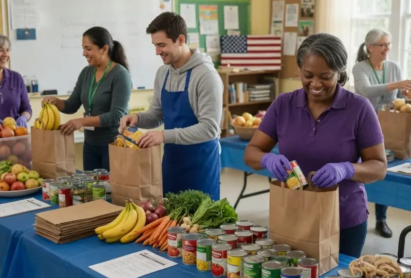 Volunteers packing food boxes at a community food pantry distribution