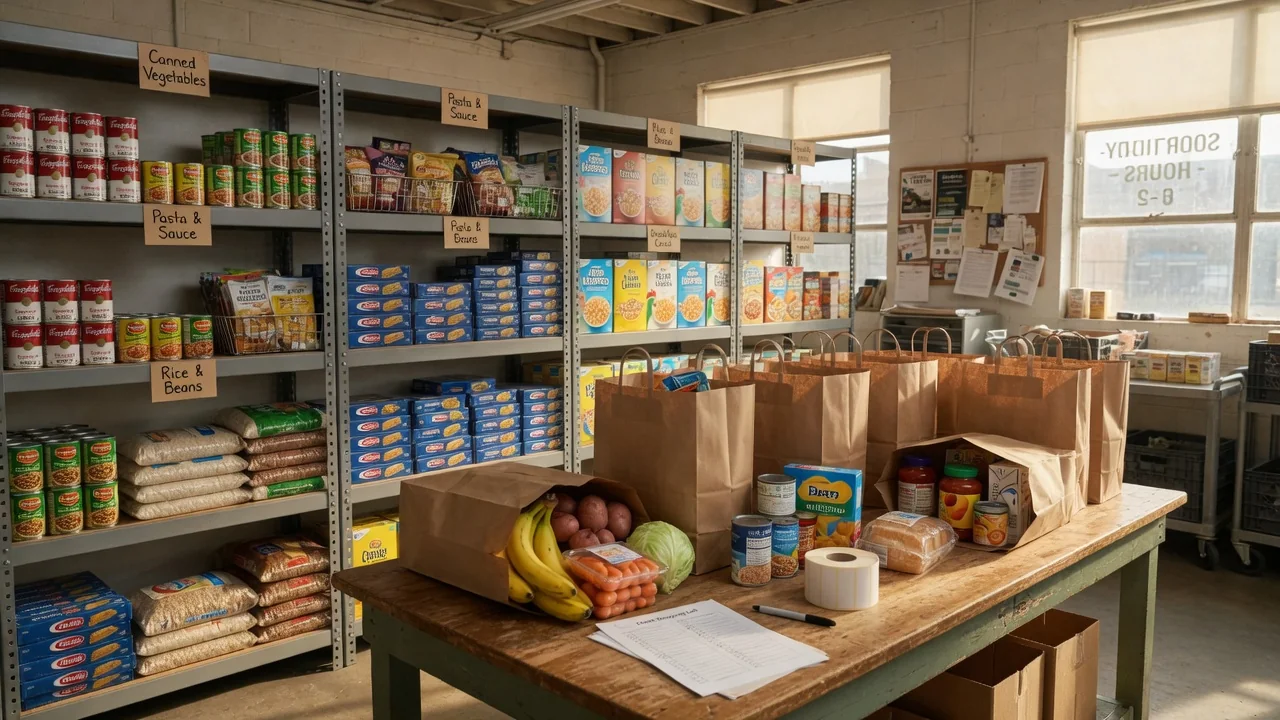 Community food pantry shelves stocked with canned goods, pasta, and cereal, with grocery bags packed on a packing table