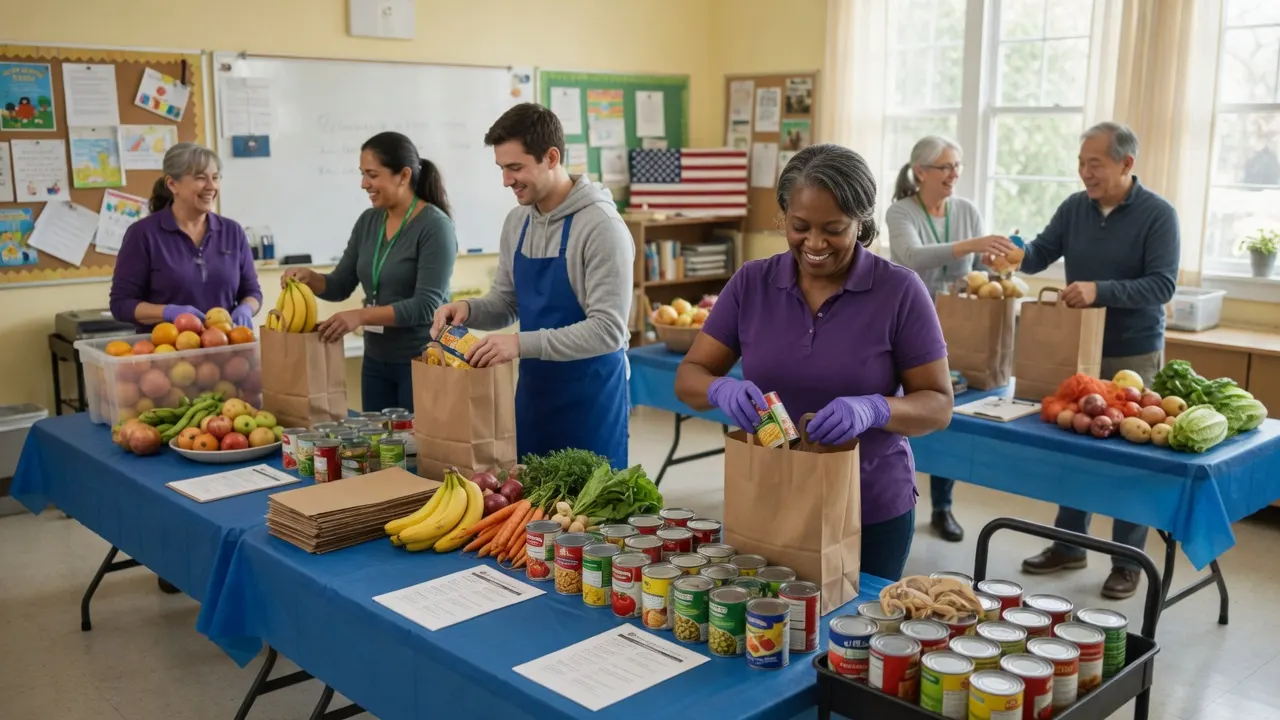 Volunteers packing food at a community food pantry