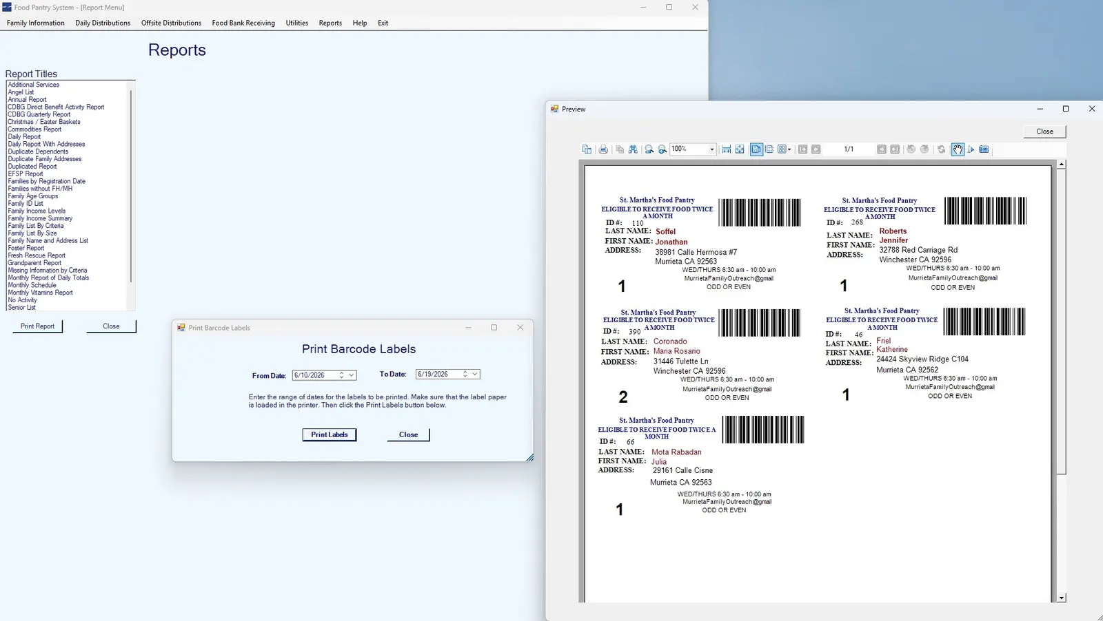 Barcode ID card printing for food pantry client check-in