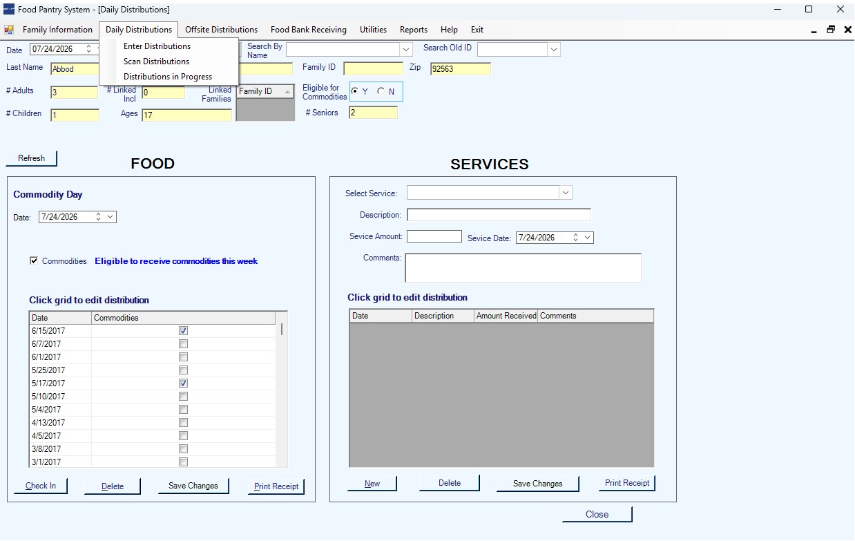 Daily Distributions screen with commodities and additional services