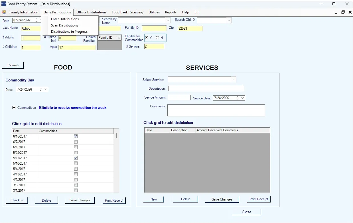 Daily Distributions screen with commodities and additional services