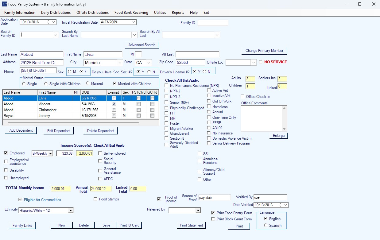 Food Pantry System Family Information Entry screen showing household, dependents, income, and eligibility fields