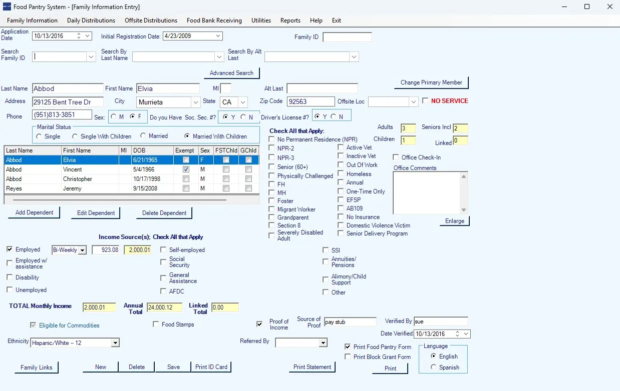 Food Pantry System Family Information Entry screen showing household, dependents, income, and eligibility fields