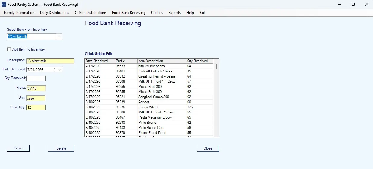 Food Bank Receiving screen