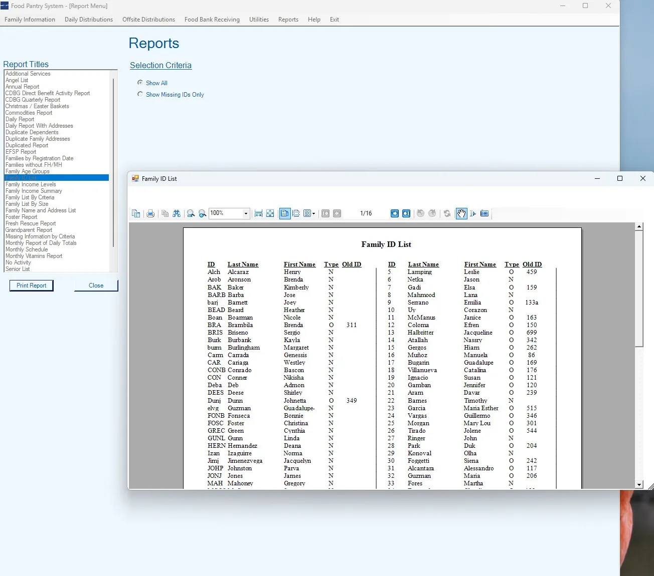 Food pantry software Report Menu with Family ID List and funding report options